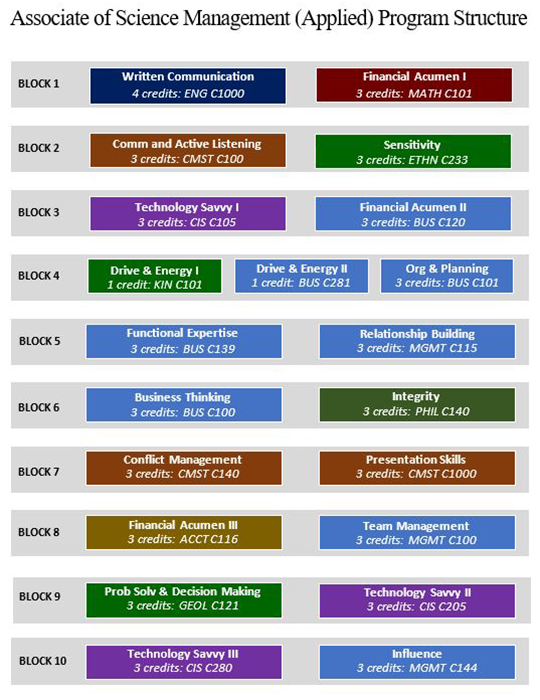 Program structure for Pace+ Associate of Science, Management (Applied) degree