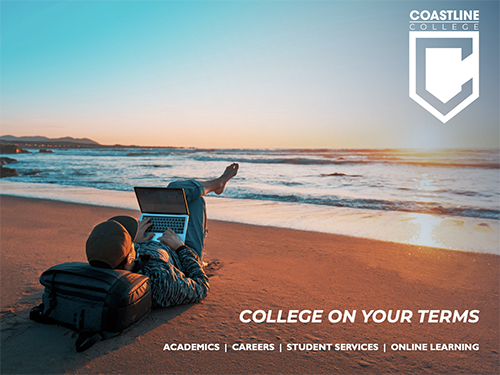 Man on beach attending college on a laptop remotely